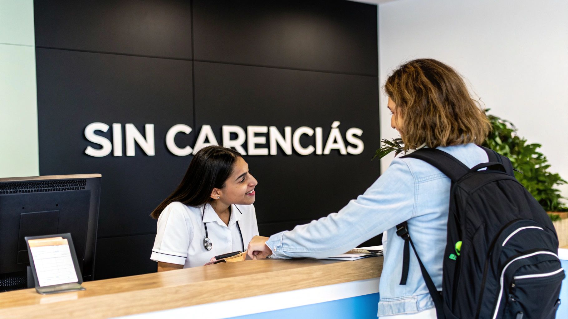 Una mujer con uniforme médico atiende amablemente a una paciente con mochila en un mostrador de recepción de salud, con el letrero 'SIN CARENCIAS' en el fondo.