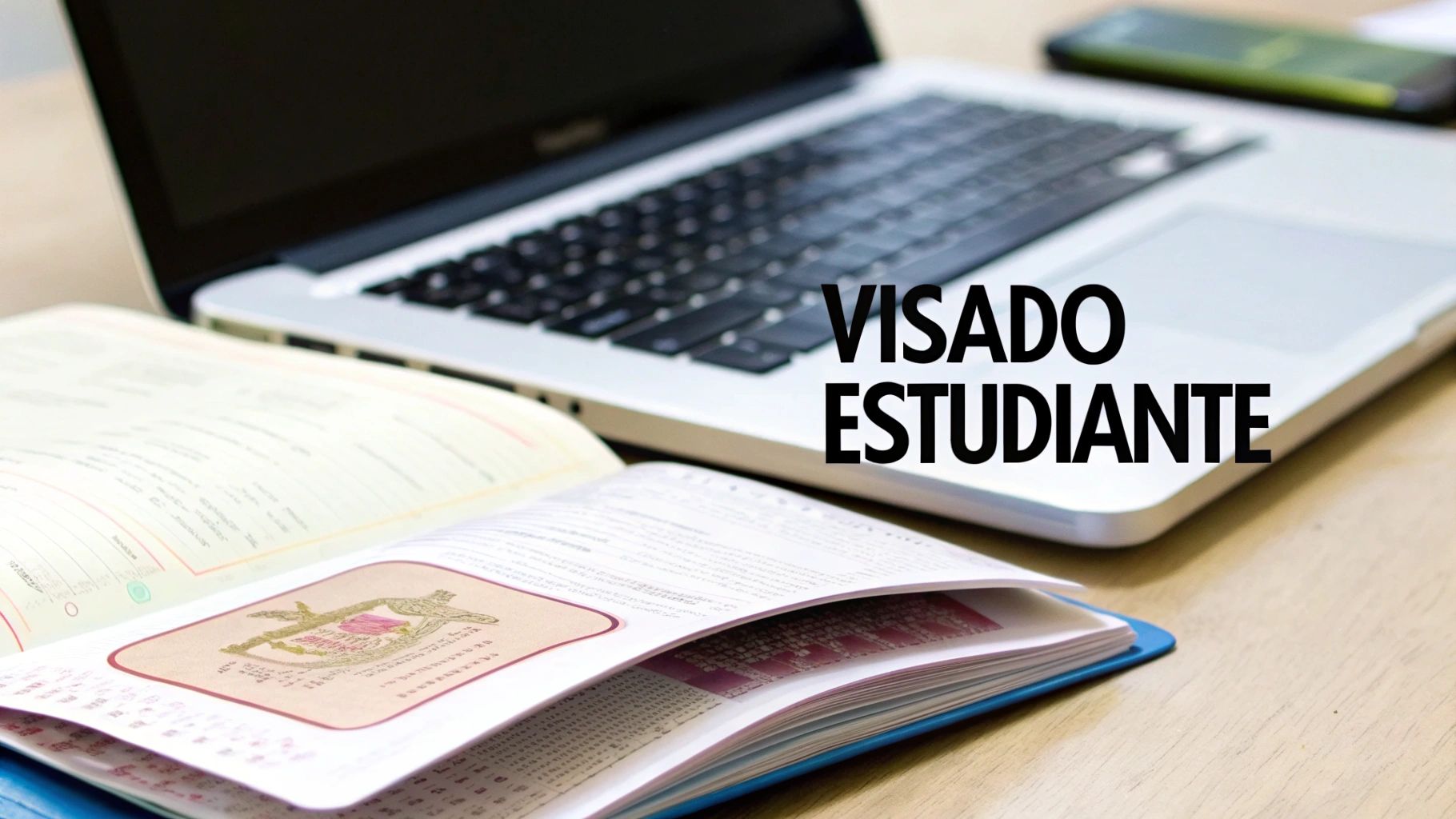 Documentos para el visado de estudiante, con un pasaporte abierto, laptop y móvil en un escritorio.