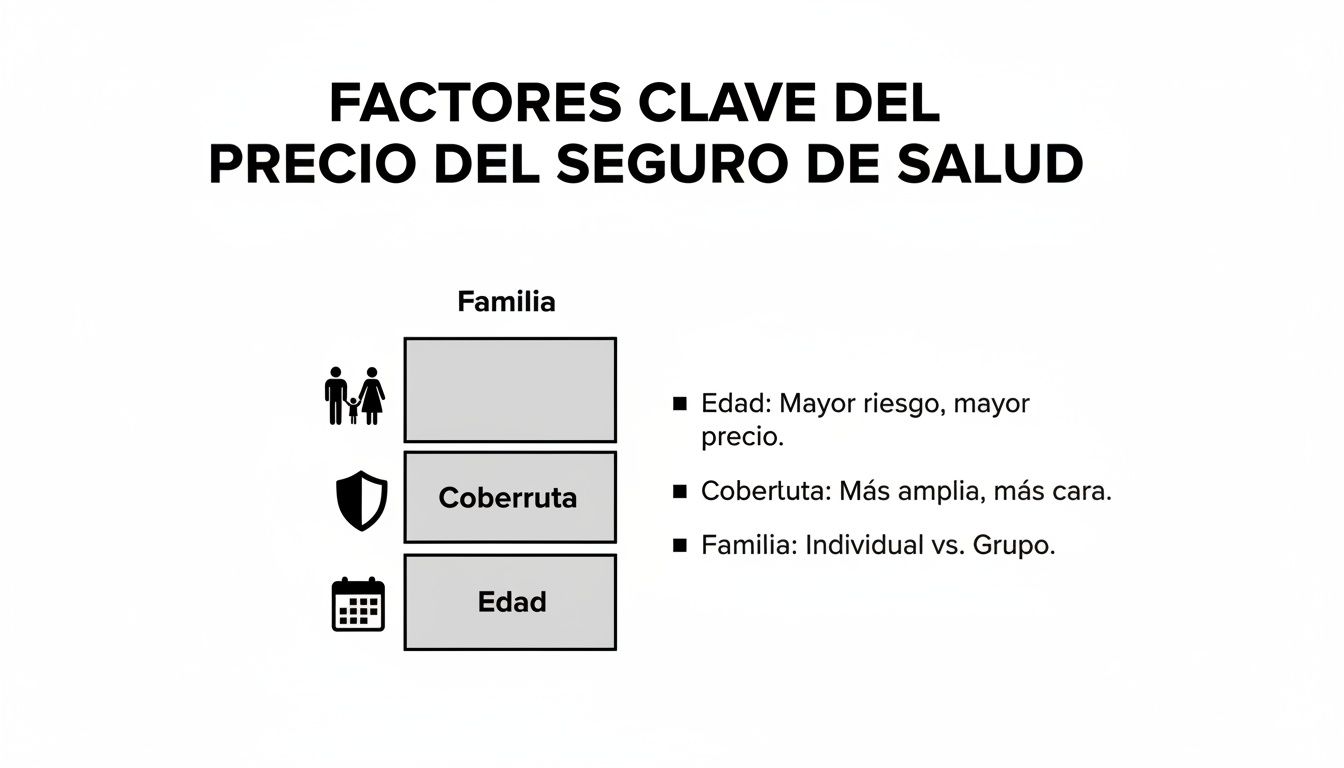 Infografía con los factores clave: edad, cobertura y familia, que afectan el precio del seguro de salud.