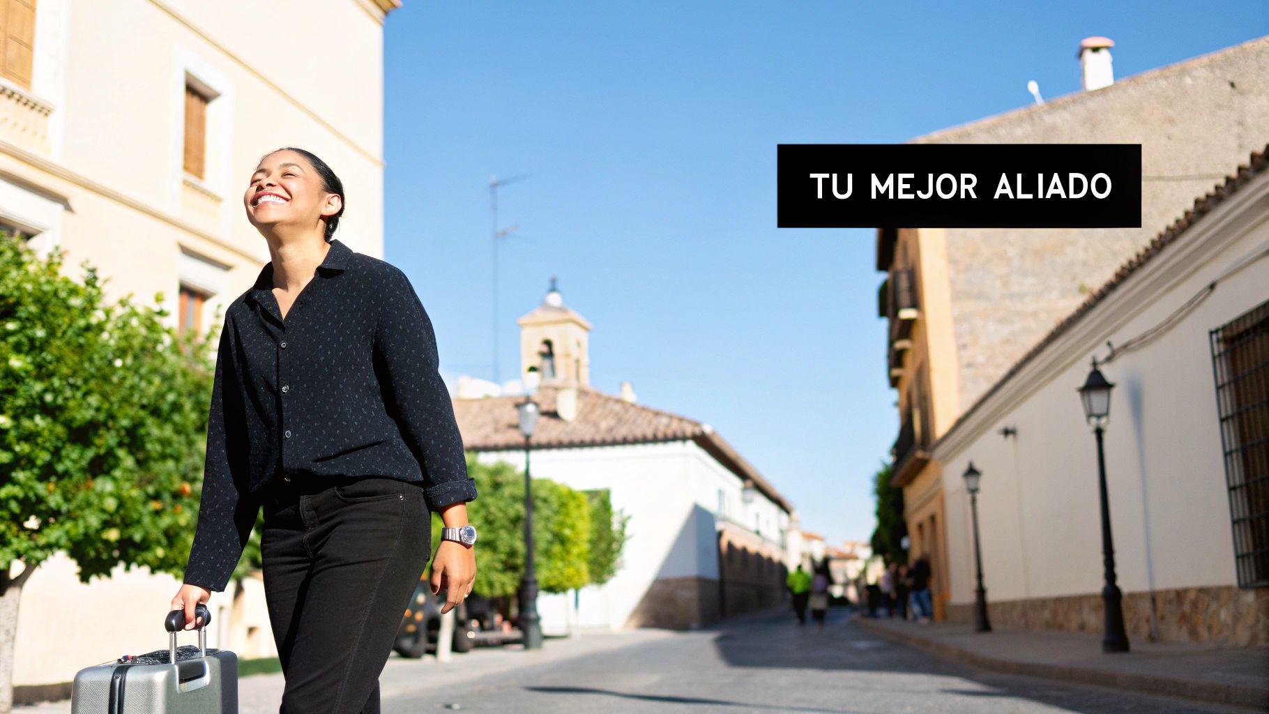 Mujer sonriente y feliz con maleta caminando por una calle soleada con edificios antiguos de fondo, texto "TU MEJOR ALIADO".