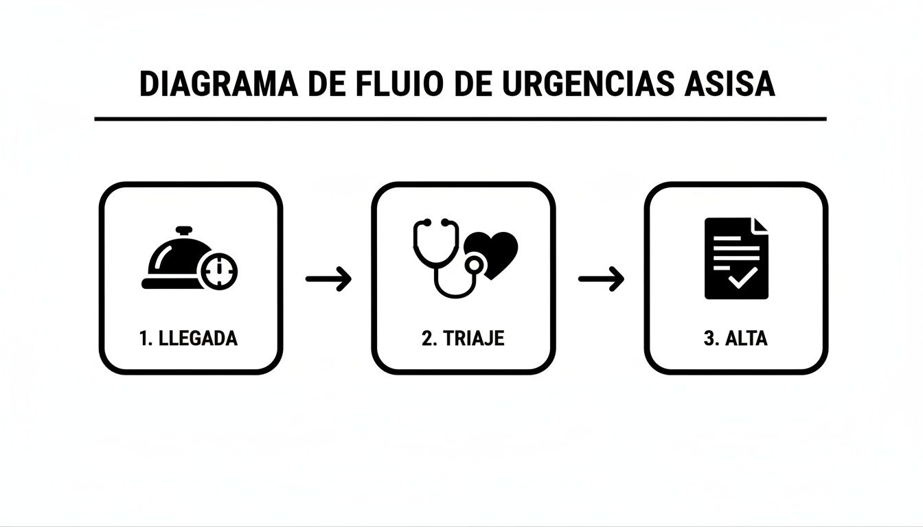 Guía completa del hospital urgencias asisa para extranjeros 1 Diagrama de flujo ASISA mostrando el proceso de urgencias: llegada, triaje y alta médica.