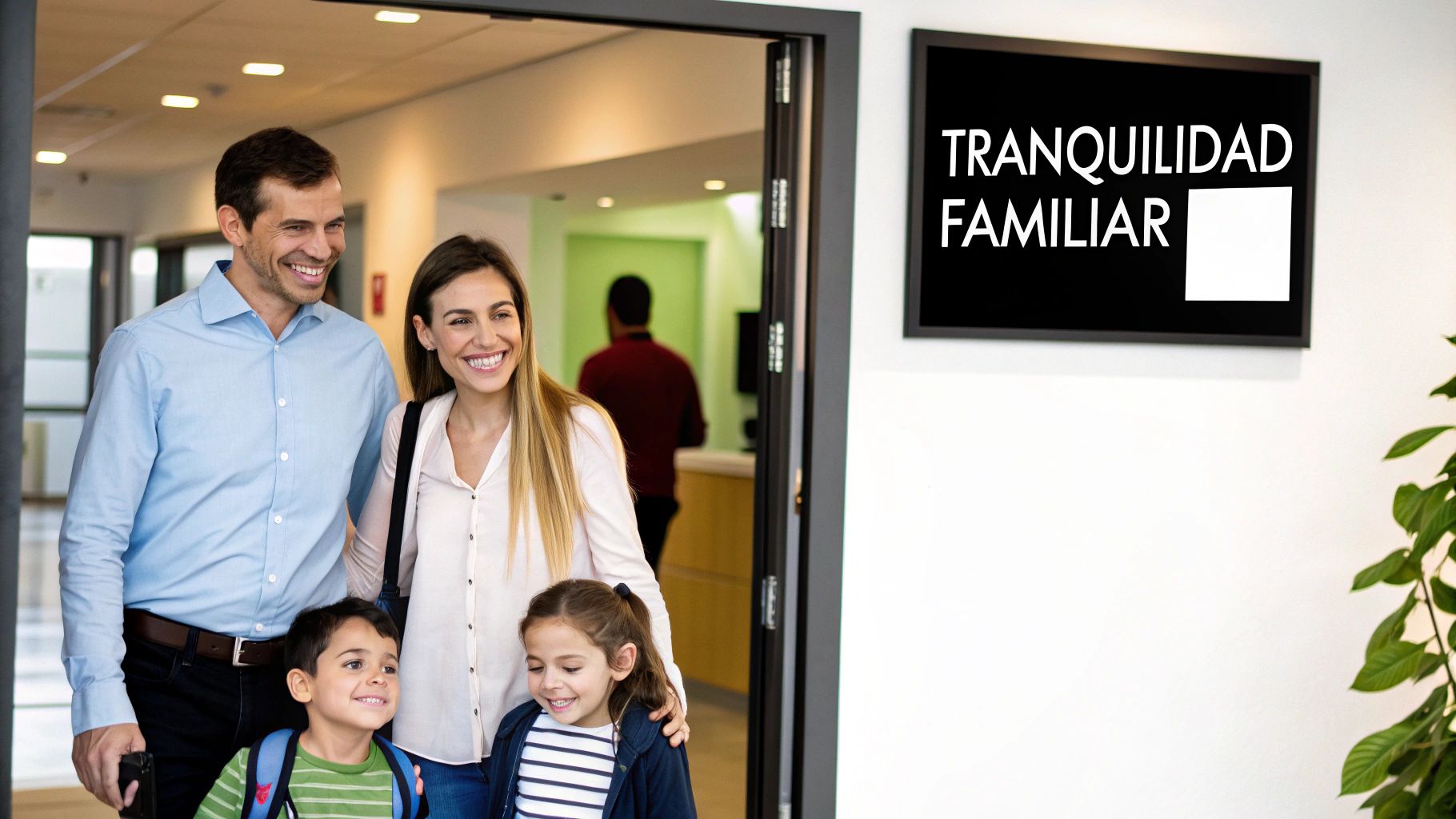 Una familia sonriente, padres y dos hijos, entrando a un centro, representando tranquilidad y bienestar familiar.