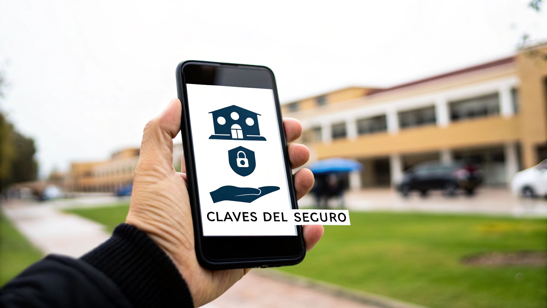 Mano sosteniendo un smartphone con iconos de casa, candado y mano abierta, y el texto 'CLAVES DEL SEGURO' en la pantalla.