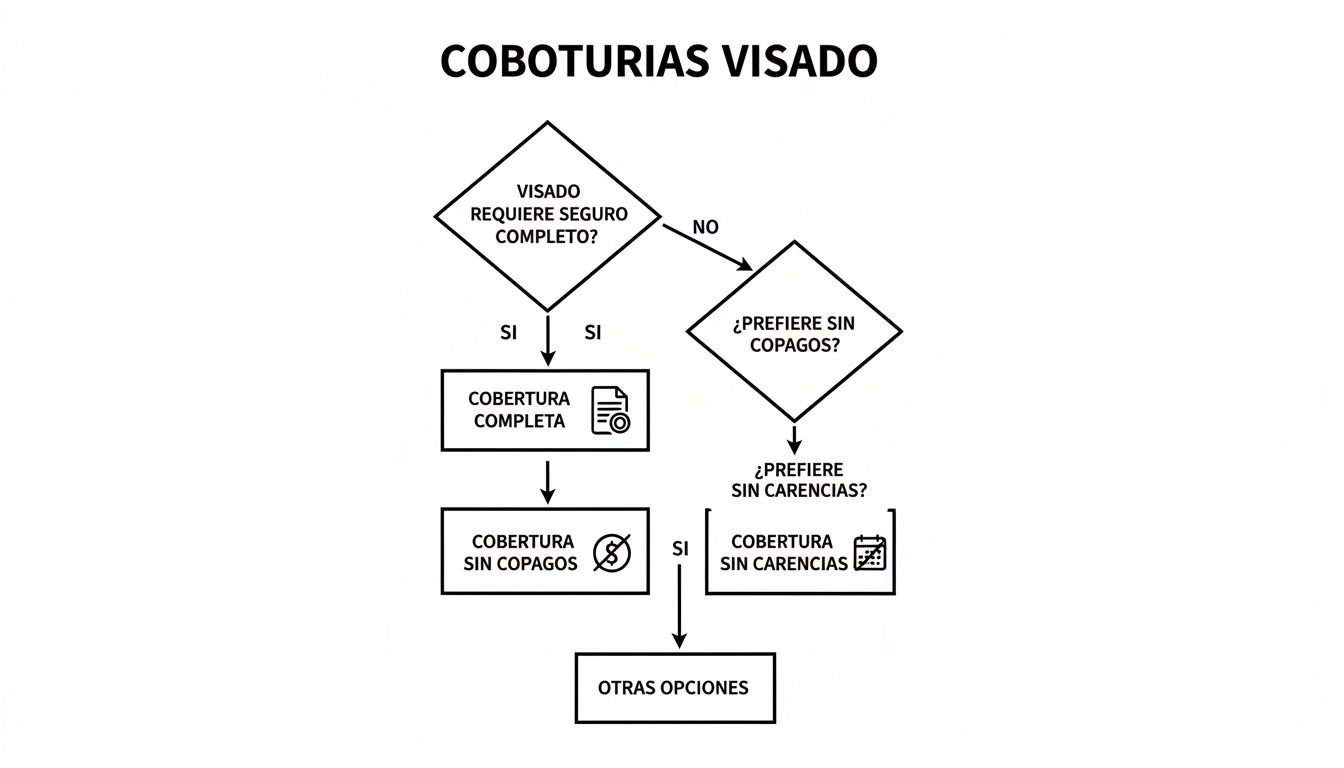 Diagrama de flujo de opciones de cobertura de seguro para visado, mostrando seguro completo, sin copagos o sin carencias.