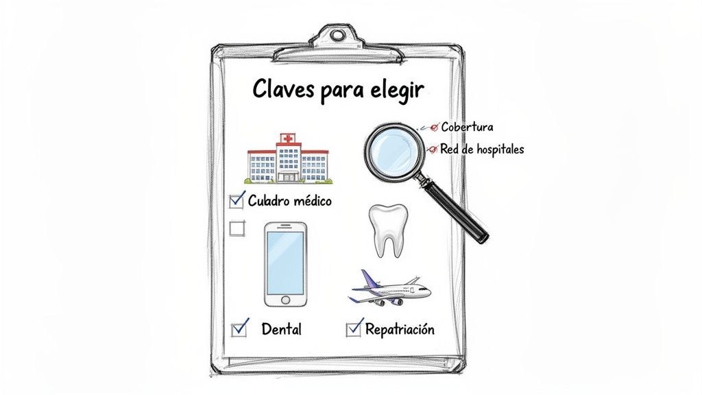 La guía definitiva del seguro de salud barato sin copagos en España 2 Claves para elegir un seguro de salud: cobertura, red de hospitales, cuadro médico, dental y repatriación.