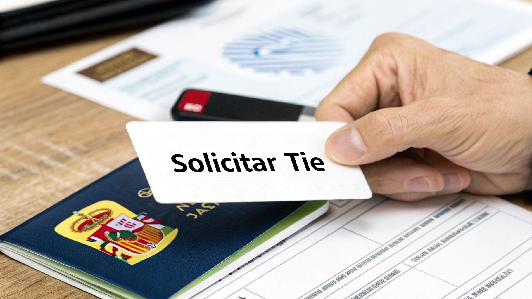 Mano sosteniendo una tarjeta con 'Solicitar Tie' sobre un pasaporte español, mostrando el proceso de solicitud.