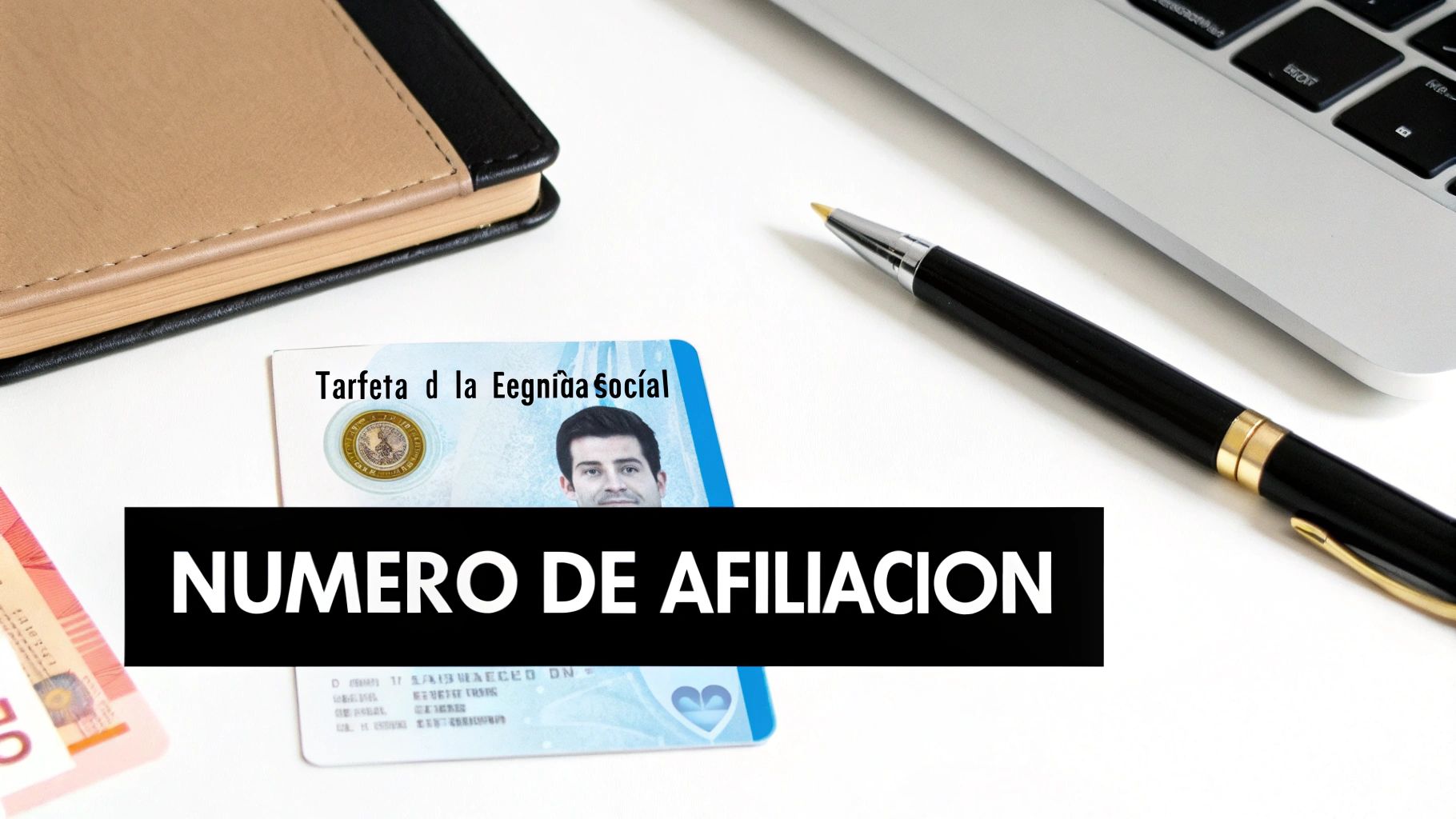 Tarjeta de identidad o seguridad social con el número de afiliación, junto a objetos de oficina.