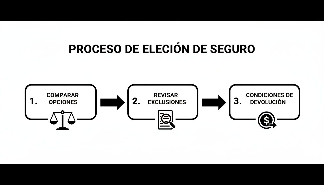 La guía definitiva de seguros médicos sin cuestionario de salud para tu visado 3 Diagrama de flujo con tres pasos para elegir un seguro: comparar opciones, revisar exclusiones y condiciones de devolución.