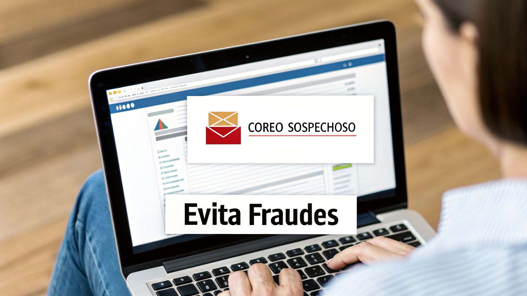 Persona usando un portátil con mensajes de correo sospechoso y evita fraudes, ilustrando ciberseguridad.