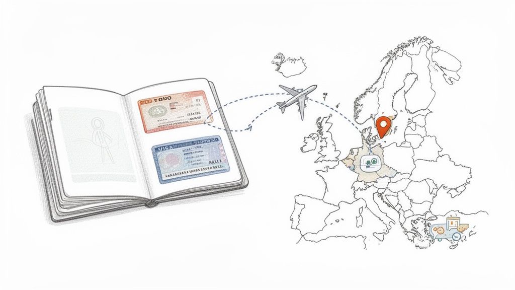 Visados schengen españa: Guía completa para viajar a España 1 Un pasaporte abierto con visas, un avión volando sobre un mapa de Europa con un marcador en Dinamarca.
