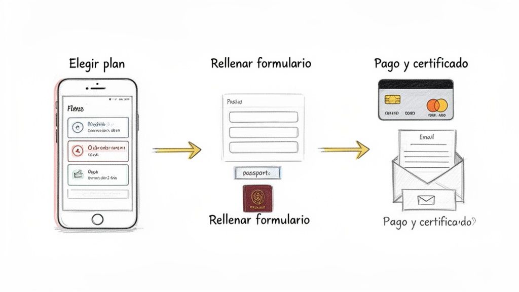 Seguros medicos sin carencia: guía para visa y estancia en España 2 Diagrama de proceso para contratar un seguro médico: elegir plan, rellenar formulario y efectuar pago para recibir certificado.