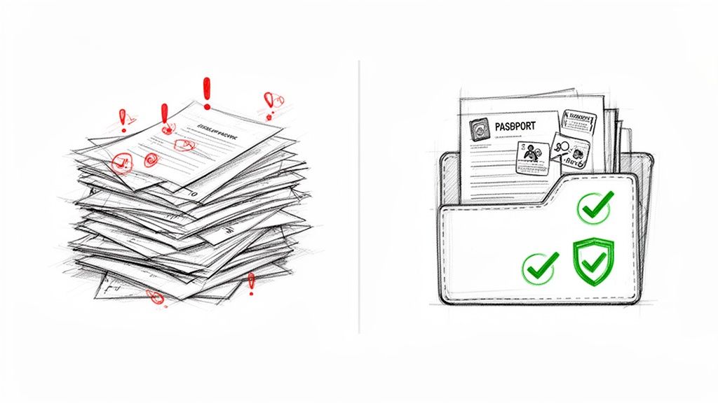Visados schengen españa: Guía completa para viajar a España 4 Documentos desorganizados con errores frente a una carpeta organizada con pasaporte y marcas de verificación verdes, simbolizando eficiencia y seguridad.