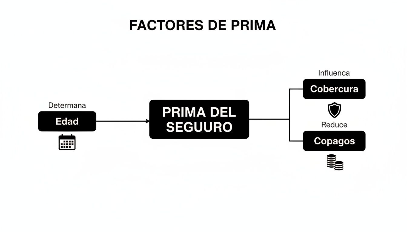 Descifrando los precios de seguros de salud privados en España 2 Diagrama de flujo que muestra cómo la edad determina la prima del seguro, influyendo en la cobertura y reduciendo los copagos.