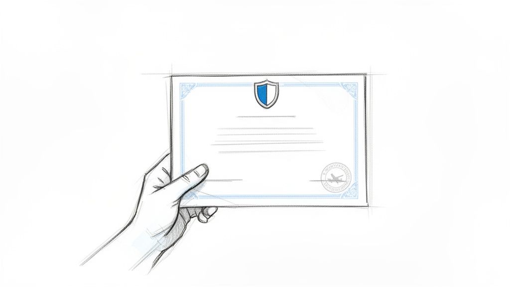 Certificado de seguros de cobertura de fallecimiento: Guía para tu visa española 1 Una mano sostiene un certificado oficial o póliza con un escudo azul y un sello redondo.