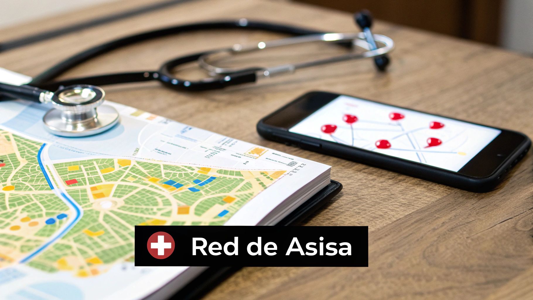 Estetoscopio, mapa de calles y smartphone con pins rojos, sobre una mesa de madera. Logotipo de Red de Asisa.