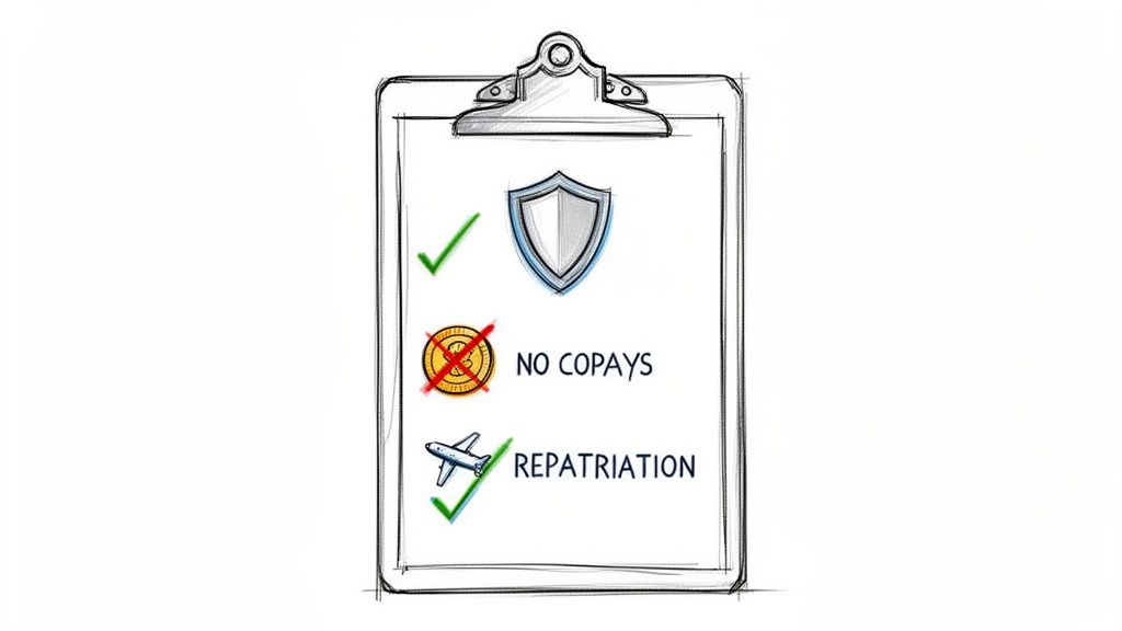 Guía de seguros medicos para extranjeros en españa: el mejor plan para ti 2 Un portapapeles con una lista de beneficios de seguro médico: protección, sin copagos y repatriación, con marcas de verificación.