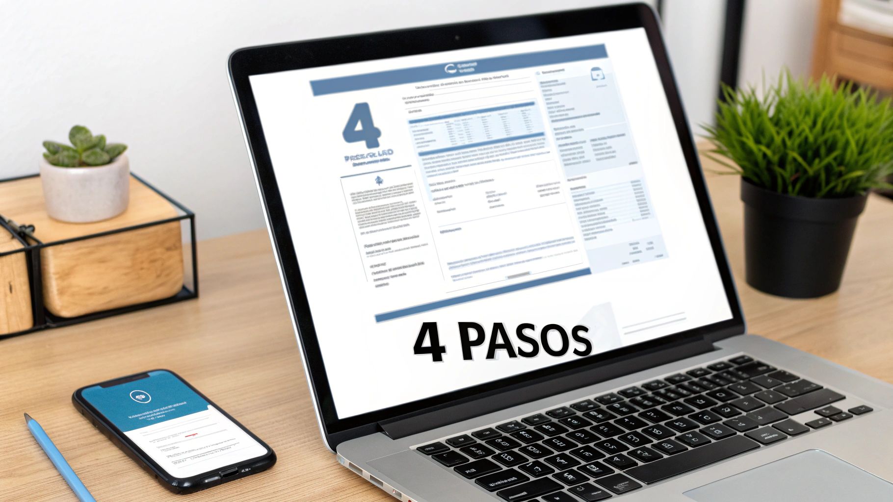 Laptop y smartphone en un escritorio mostrando un documento con '4 PASOS' para un proceso online.