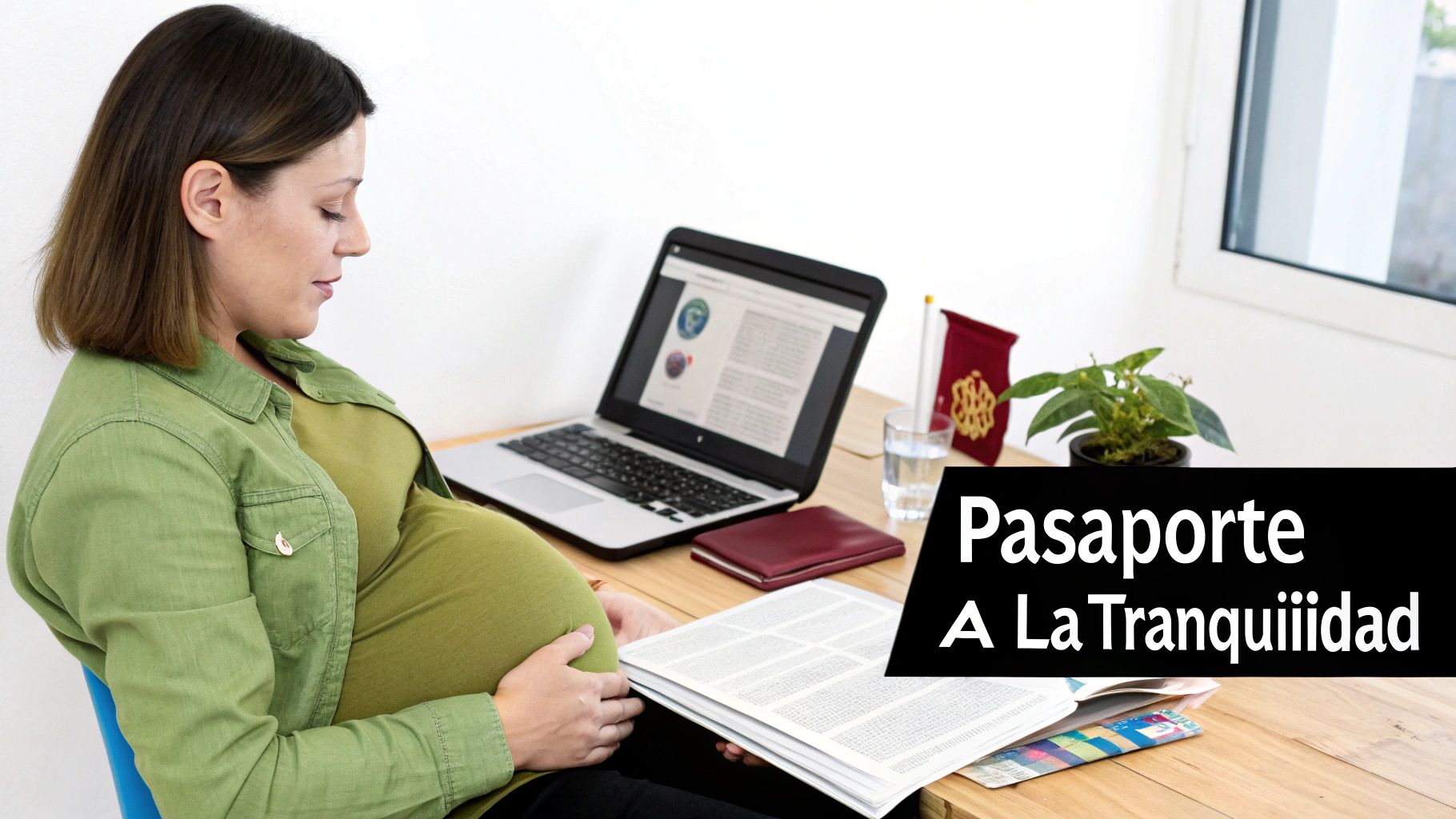 Mujer embarazada sentada en un escritorio, leyendo documentos, con un portátil y una planta.