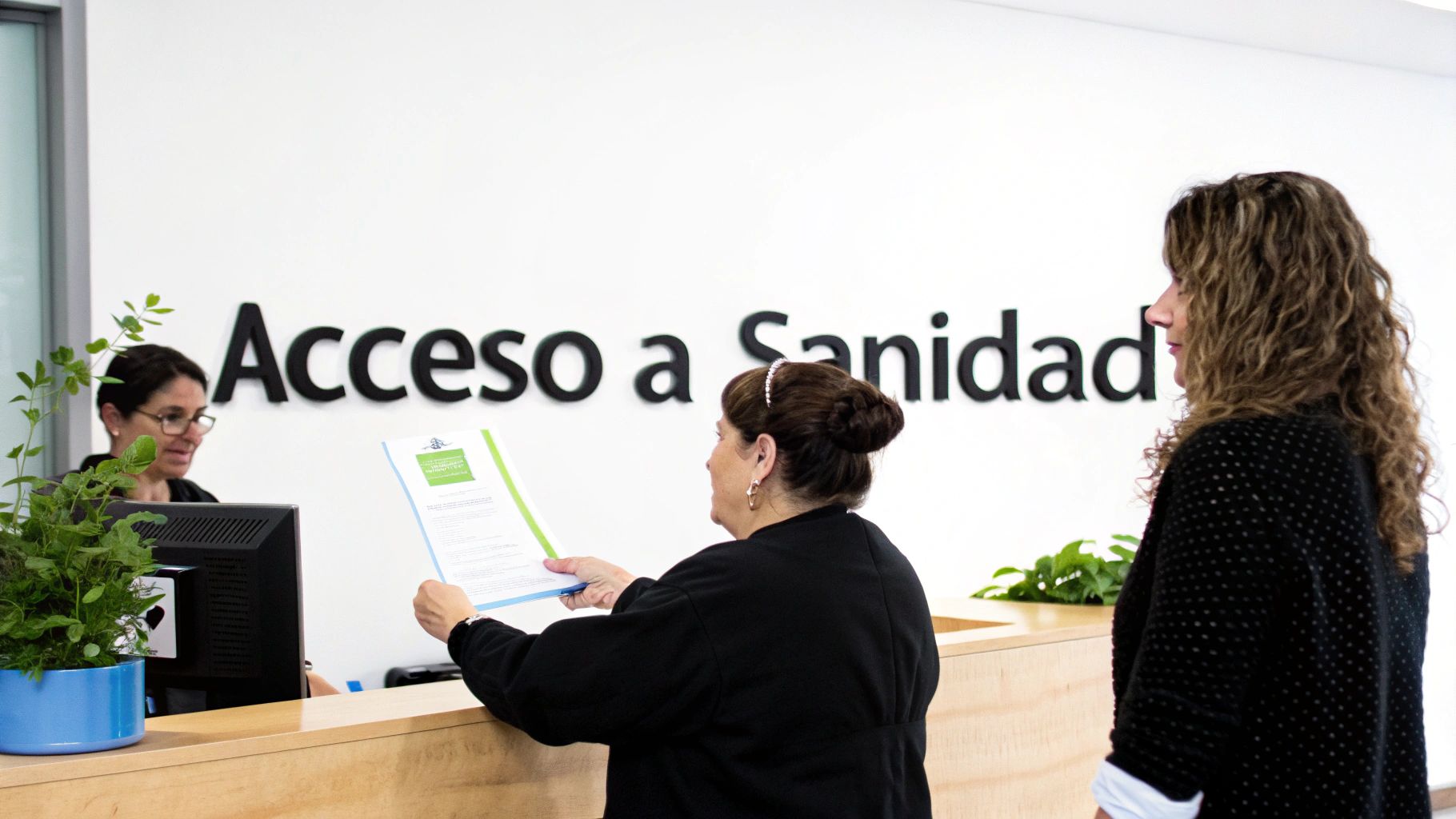 Dos mujeres interactúan con recepcionista en un mostrador de "Acceso a Sanidad".