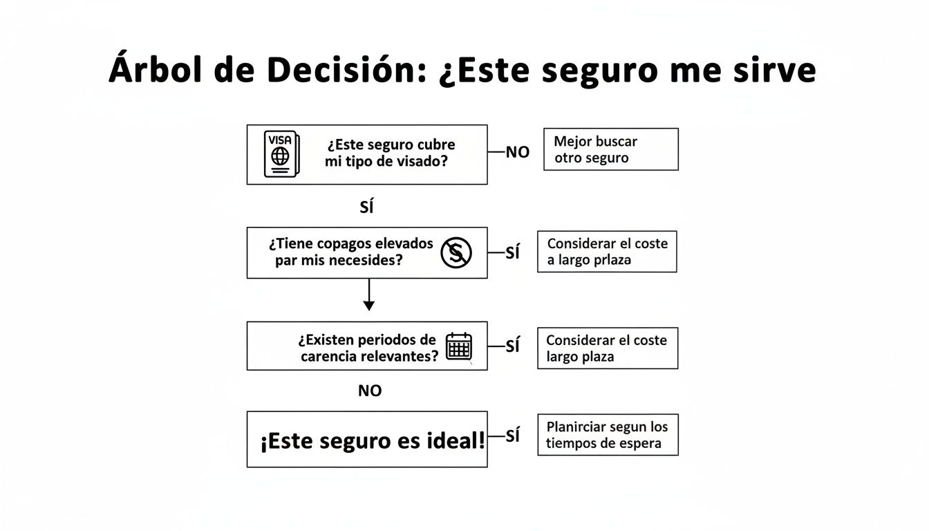 Árbol de decisión que evalúa si un seguro de salud es adecuado, considerando visado, copagos y periodos de carencia.