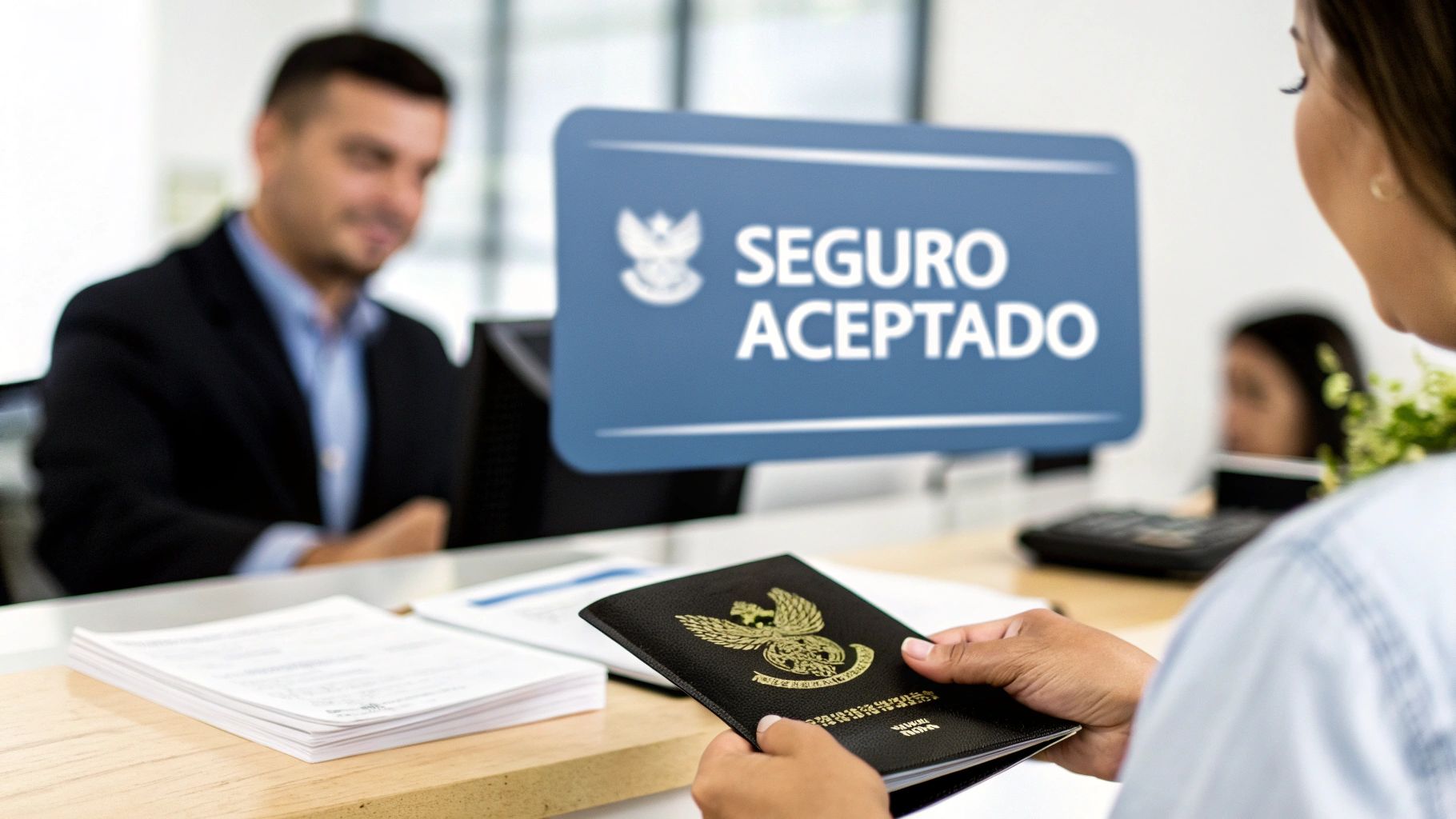 Cliente presentando pasaporte en mostrador de atención, con un cartel azul que indica 'Seguro Aceptado'.