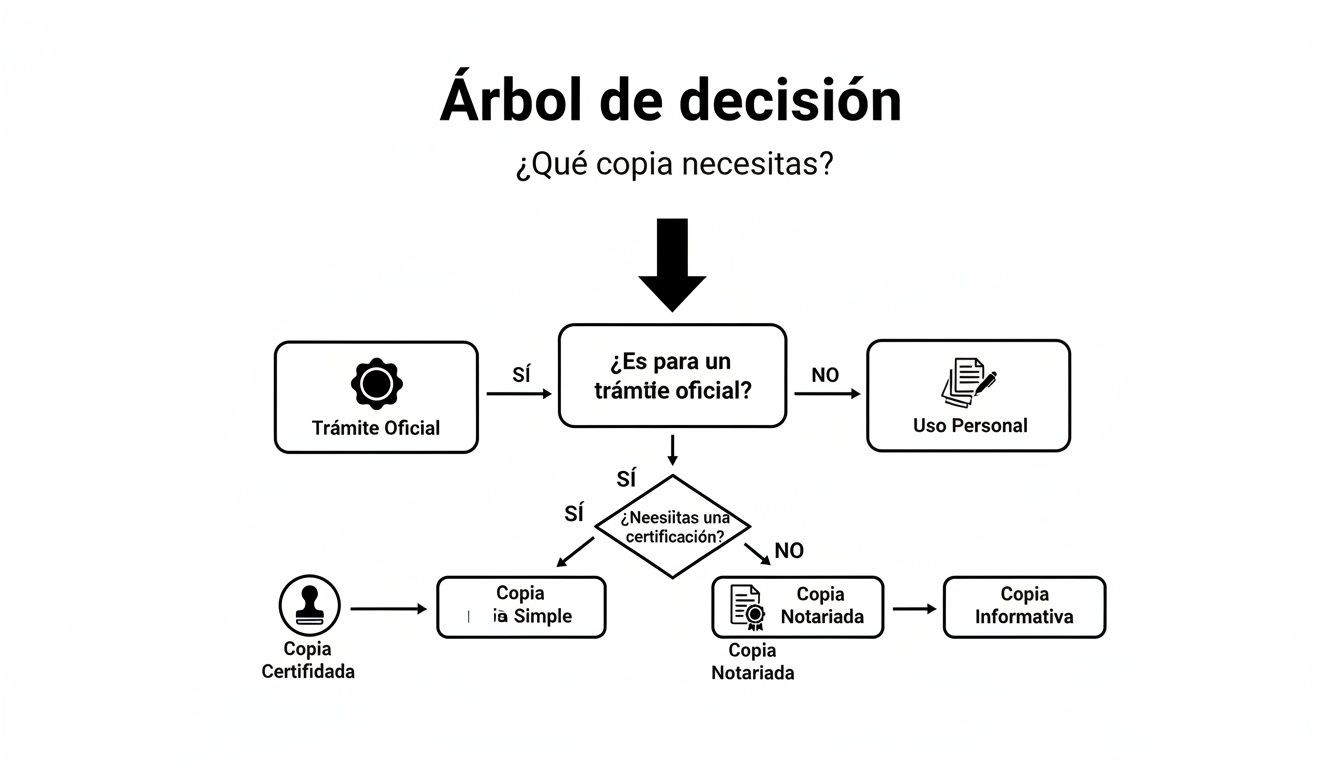 Diagrama de árbol de decisión sobre el tipo de copia necesaria: certificada, simple, notariada o informativa, según el uso.