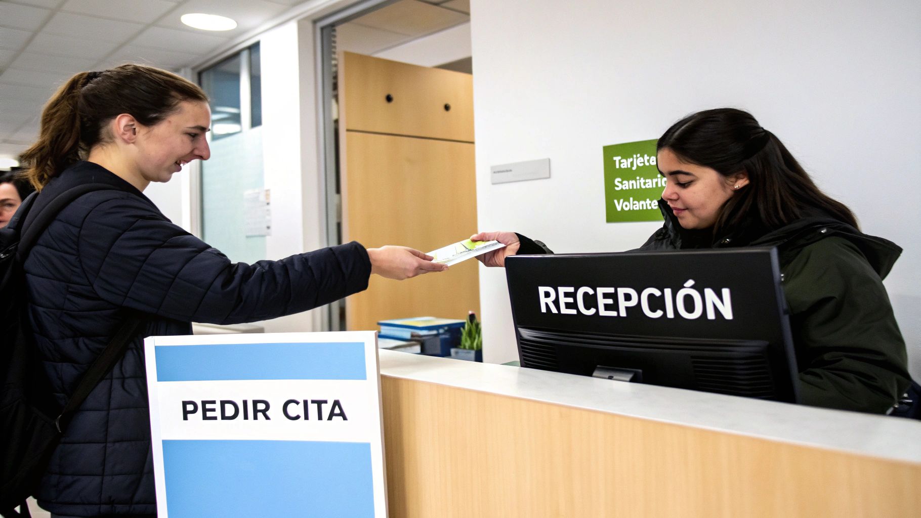 Una joven entrega documentos en la recepción de un centro médico, donde otra persona la atiende.