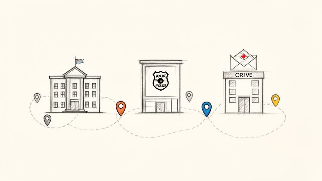 Guía completa para la fotocopia DNI compulsada en trámites españoles 2 Recorrido esquemático entre un edificio gubernamental, una estación de policía y una oficina ORIVE, marcando pasos y ubicaciones.