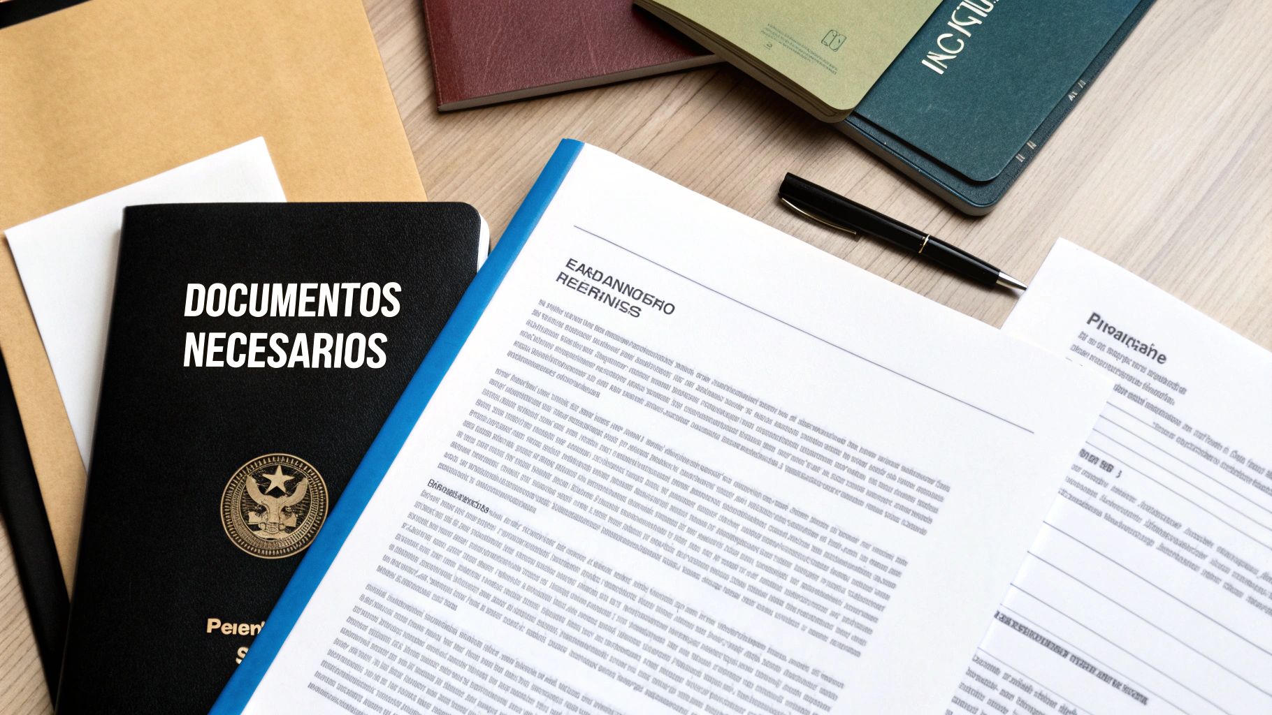 Documentos esenciales, un pasaporte y papeles sobre una mesa, listos para trámites importantes.