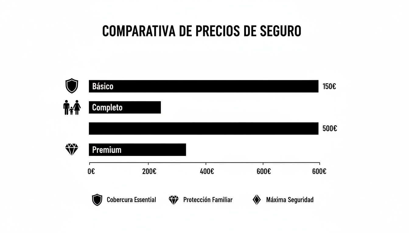 Gráfico de barras que compara precios de seguros. Se muestran opciones Básico (150€), Completo y Premium con precios variables hasta 500€.