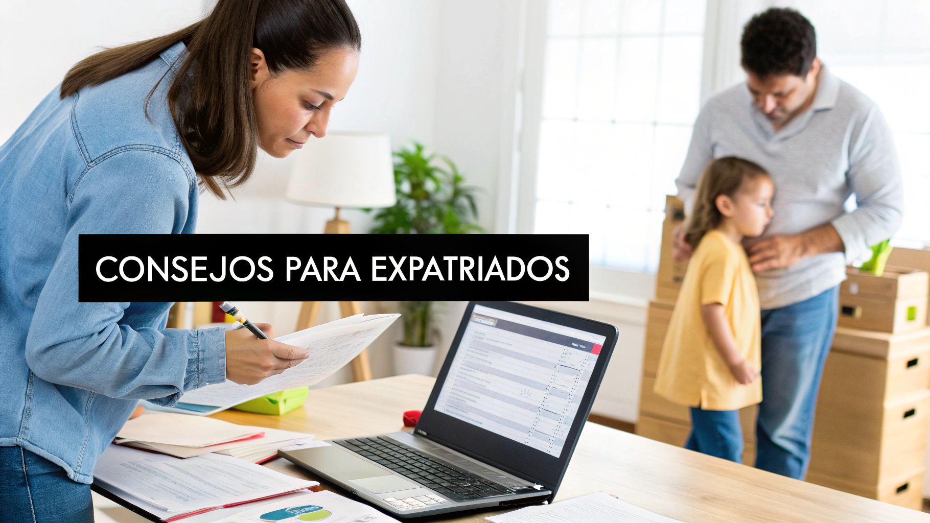 Una mujer revisa documentos y laptop mientras un hombre y una niña están con cajas de mudanza. Título: 'Consejos para expatriados'.