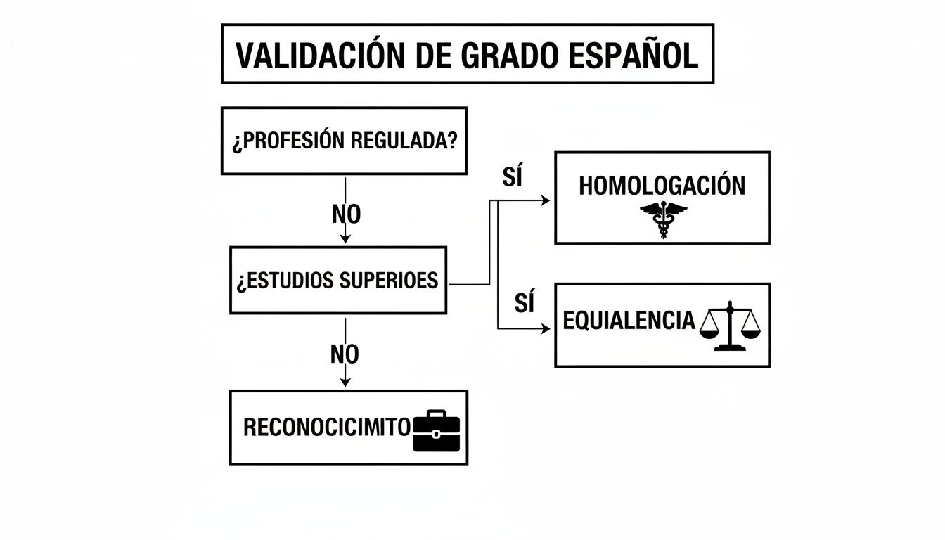 Diagrama de flujo para la validación de títulos extranjeros en España: Homologación, Equivalencia, Reconocimiento.