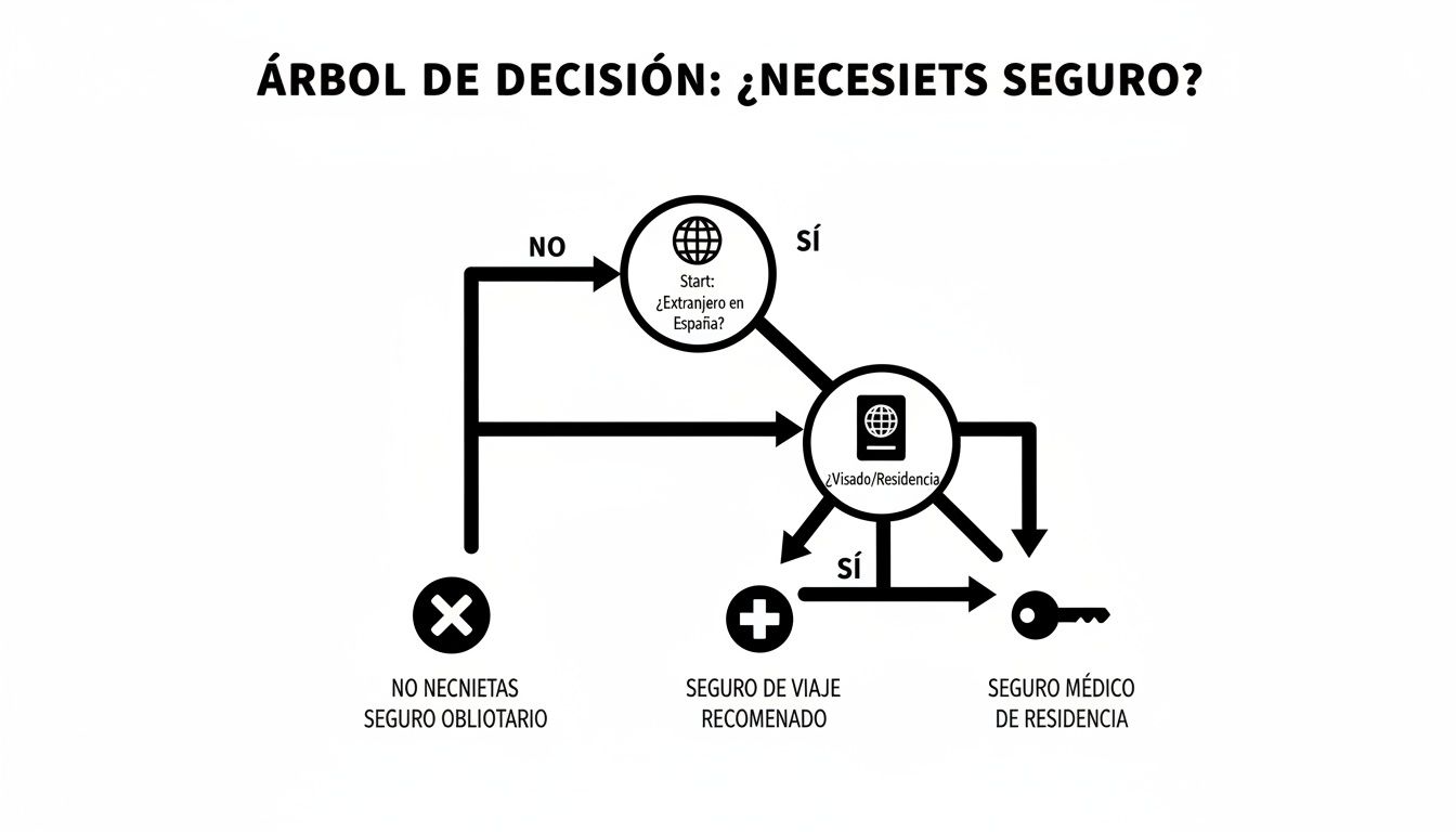 Árbol de decisión para extranjeros en España: ¿Necesitas seguro? Guía visual sobre seguro de viaje o residencia.