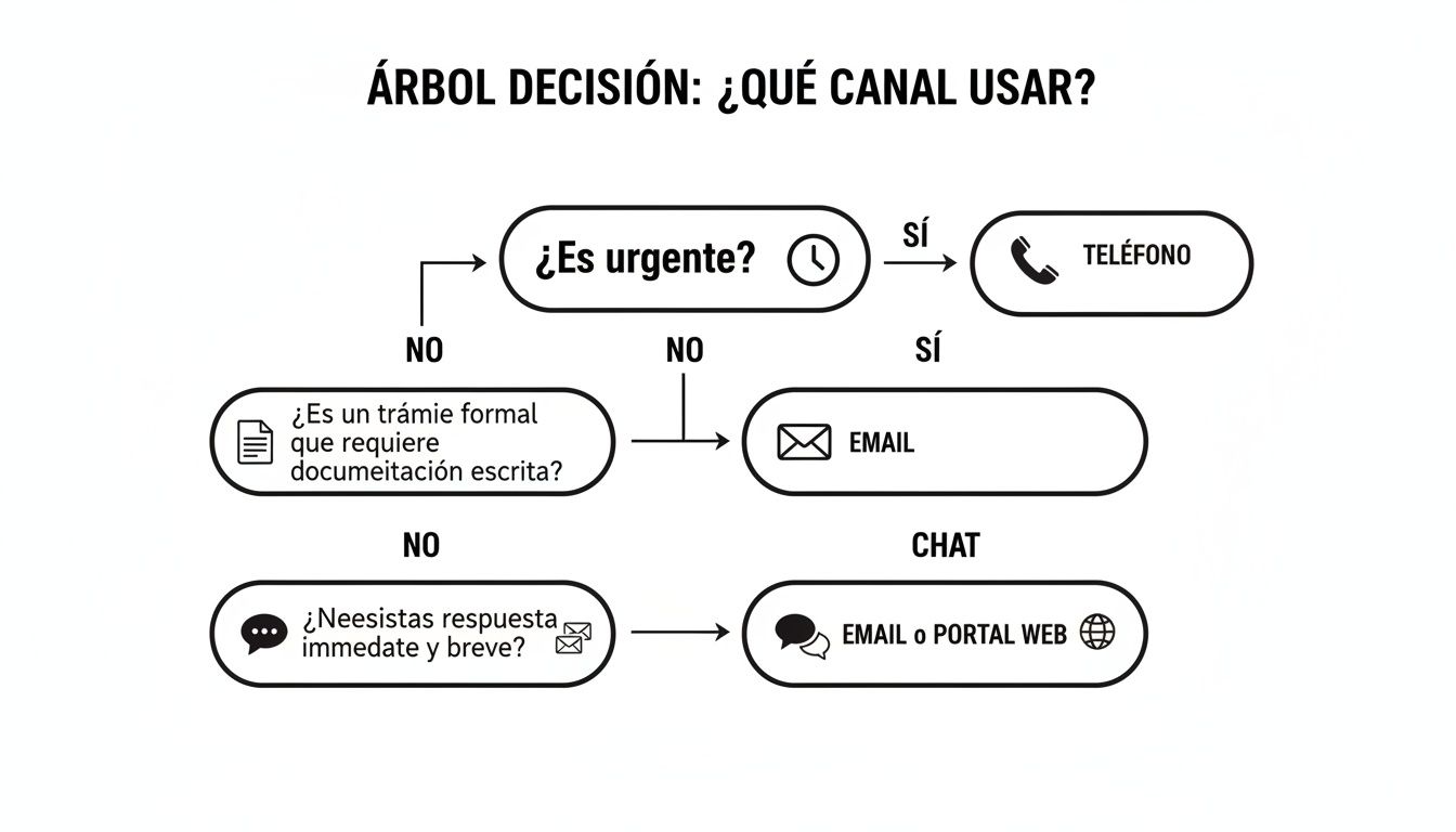 Diagrama de flujo para elegir canal de comunicación. Decisiones basadas en urgencia y formalidad. Canales: teléfono, email, chat, portal web.