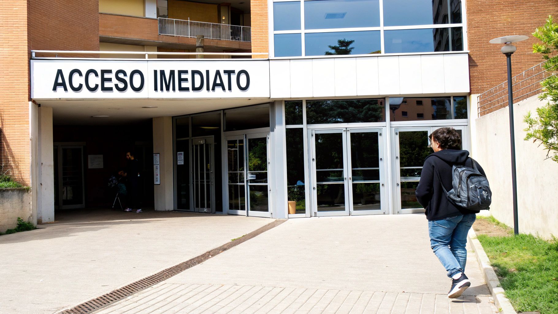 Persona con mochila caminando hacia la entrada de un edificio con el cartel "ACCESO INMEDIATO".