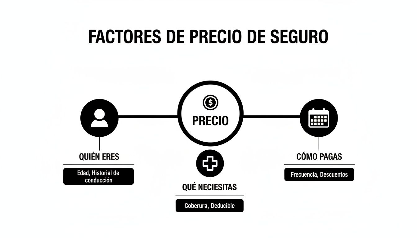 Seguros de salud precios: compara, elige y ahorra hoy 1 Infografía sobre los factores de precio de seguro: quién eres, qué necesitas y cómo pagas.