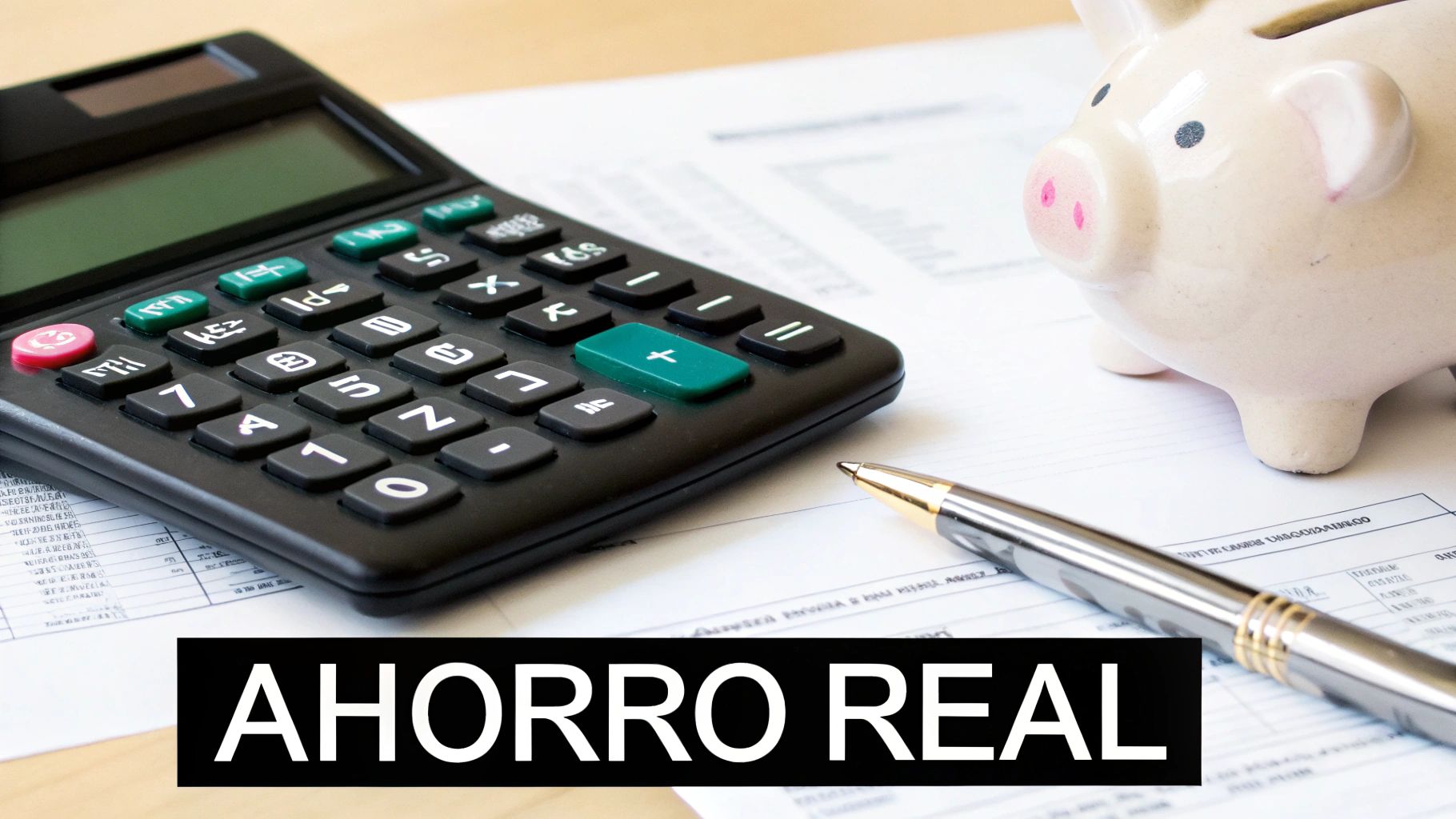Calculadora, bolígrafo, documentos y hucha de cerdito con el texto 'AHORRO REAL'. Imagen que simboliza finanzas y ahorro.
