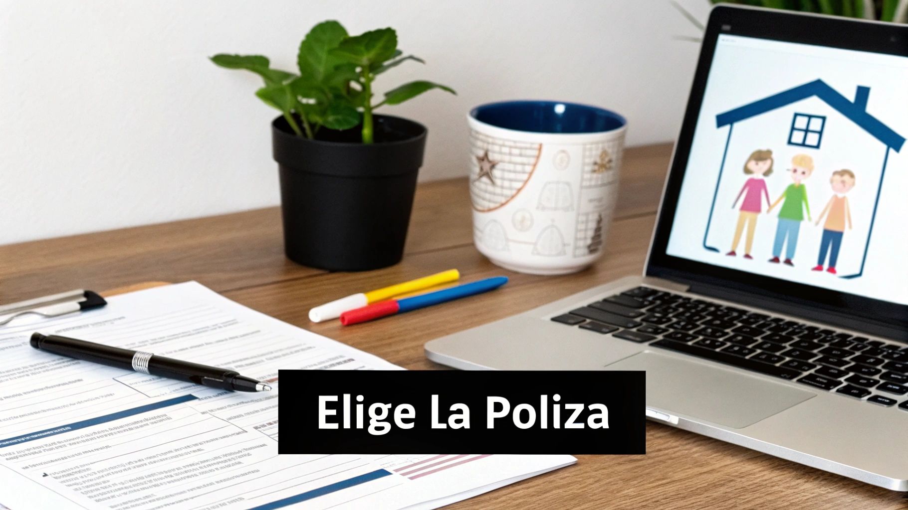 Escritorio con laptop mostrando familia en casa, documentos y texto 'Elige La Póliza' para seguro.