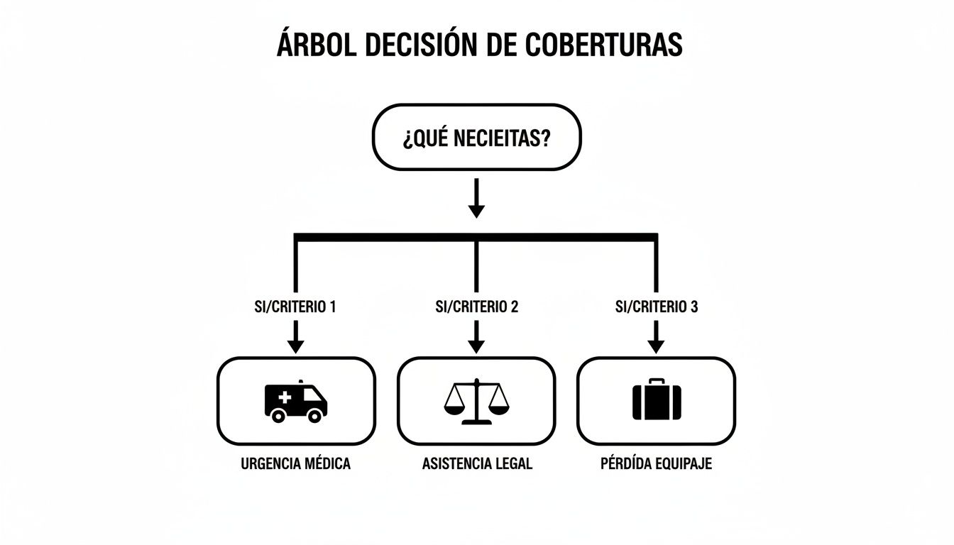 Árbol de decisión de coberturas de seguro de viaje con opciones médicas, legales y de equipaje.