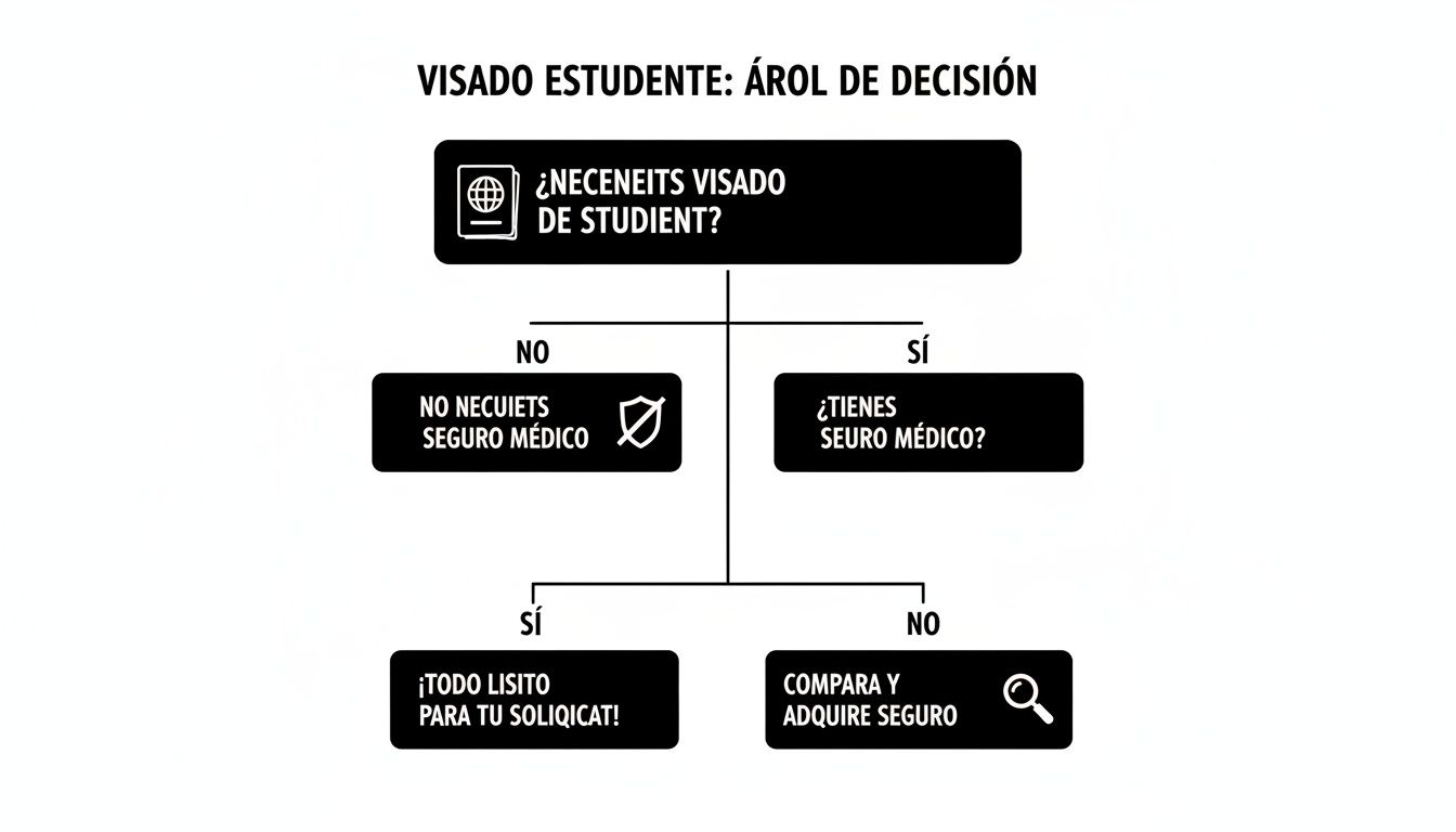 Diagrama de flujo para visado de estudiante: ¿Necesitas visado? ¿Tienes seguro médico? Pasos a seguir.