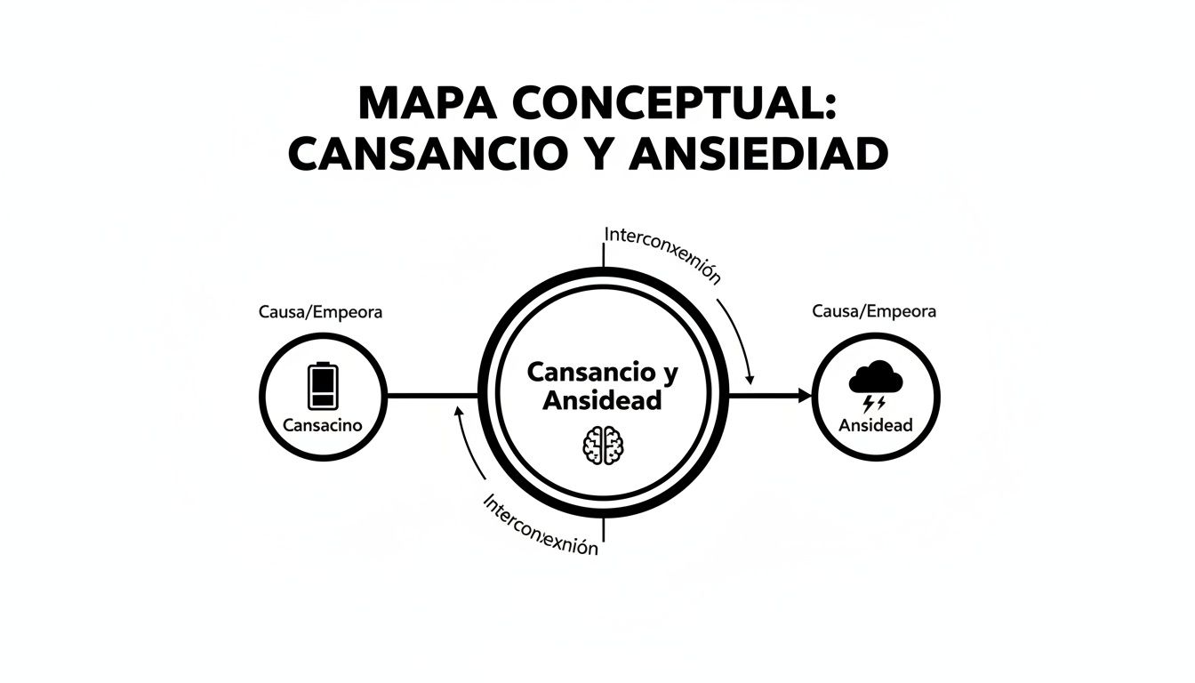 Mapa conceptual que ilustra la interconexión entre el cansancio y la ansiedad, mostrando cómo se causan y empeoran mutuamente.