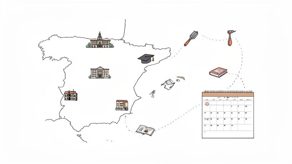 Guía: cómo estudiar en españa siendo extranjero para triunfar 1 Mapa de España con iconos que representan universidades, estudios, alimentación, vivienda y planificación para estudiantes.