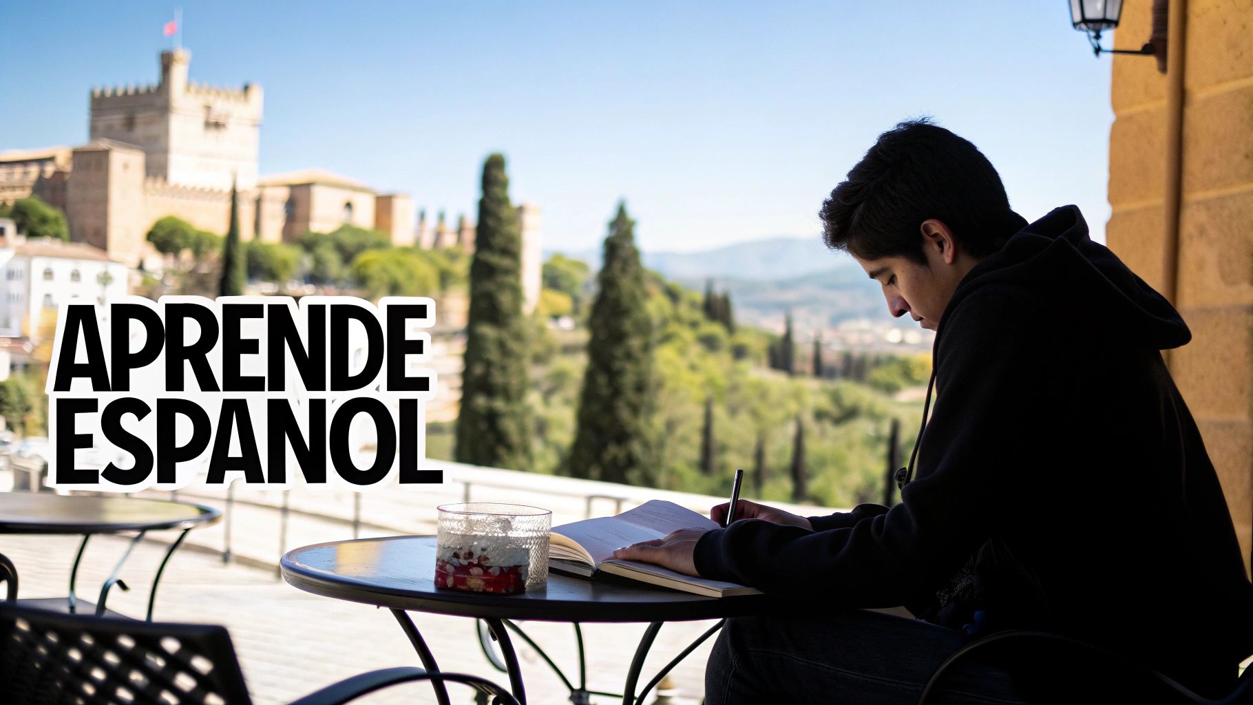 Un joven estudia español al aire libre con la Alhambra de Granada al fondo. Un mensaje dice 'Aprende Español'.