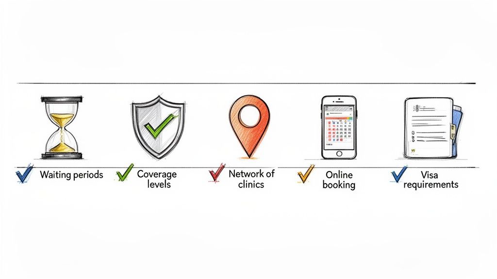 Qué cubre un seguro dental: que cubre un seguro dental para estudiantes 3 Ilustración de factores clave de un seguro: períodos de espera, niveles de cobertura, red de clínicas, reserva en línea y requisitos de visa.
