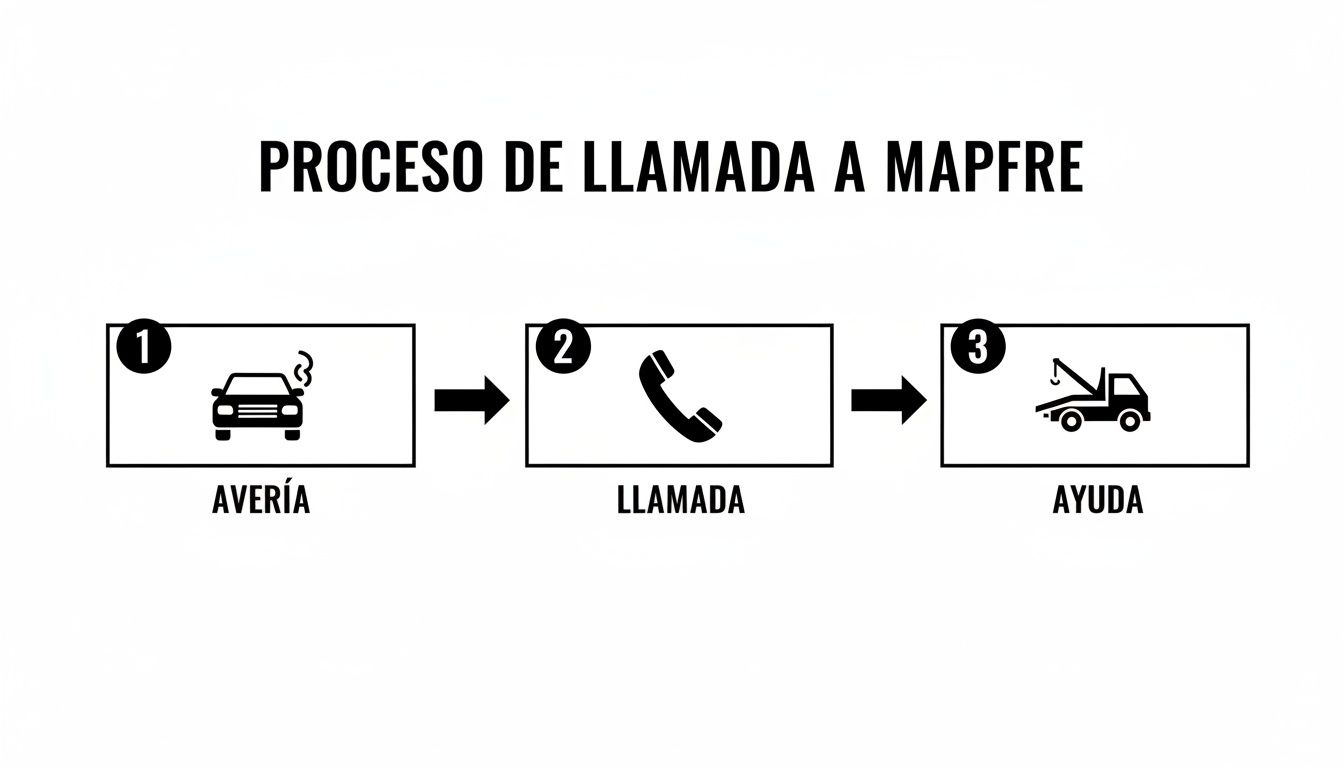 Proceso de tres pasos para asistencia en carretera de Mapfre: avería, llamada telefónica y ayuda.