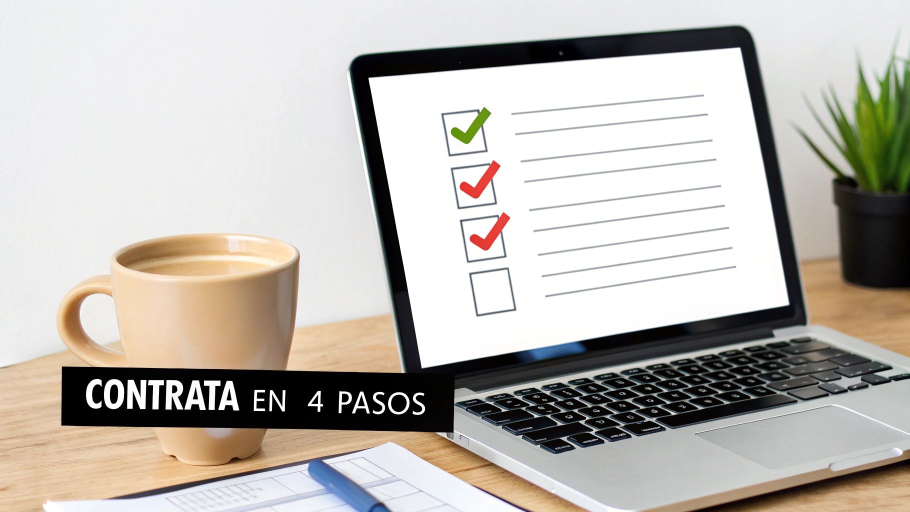 Portátil mostrando una lista de verificación con pasos completados, taza de café y documento, ilustrando un proceso de contratación sencillo.