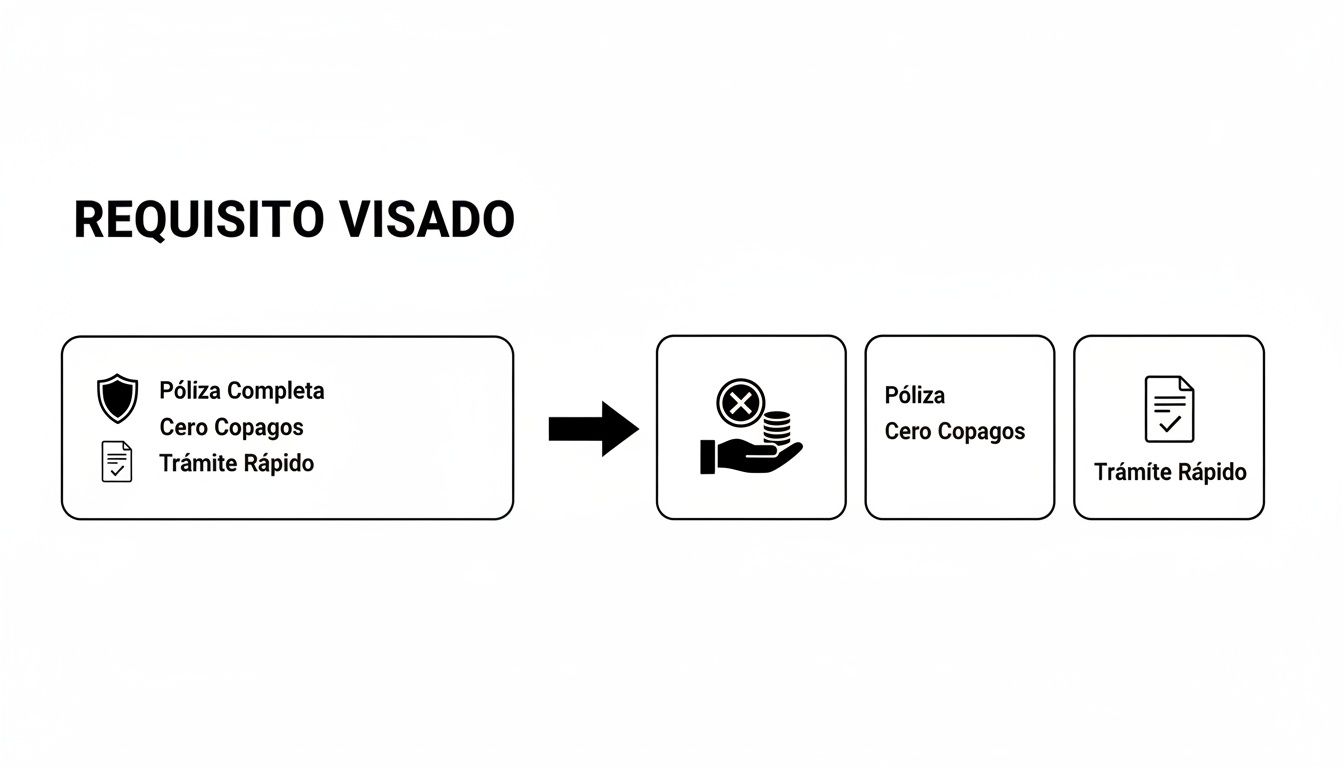 Diagrama mostrando requisitos de visado: póliza completa, cero copagos y trámite rápido, con sus respectivas opciones.
