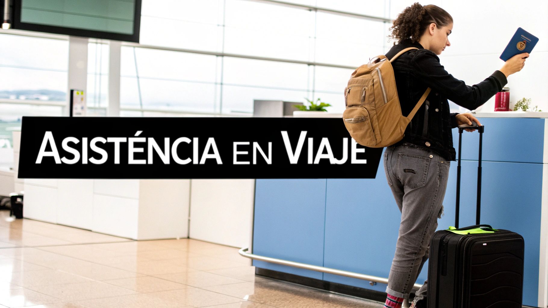 Una mujer en el aeropuerto con mochila y maleta, revisando un pasaporte junto a un mostrador de 'Asistencia en Viaje'.