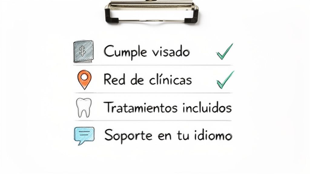 La guía definitiva sobre seguros dentales que cubren todo en España 4 Lista de verificación en un portapapeles con íconos sobre beneficios de seguro dental: visado, clínicas, tratamientos y soporte.