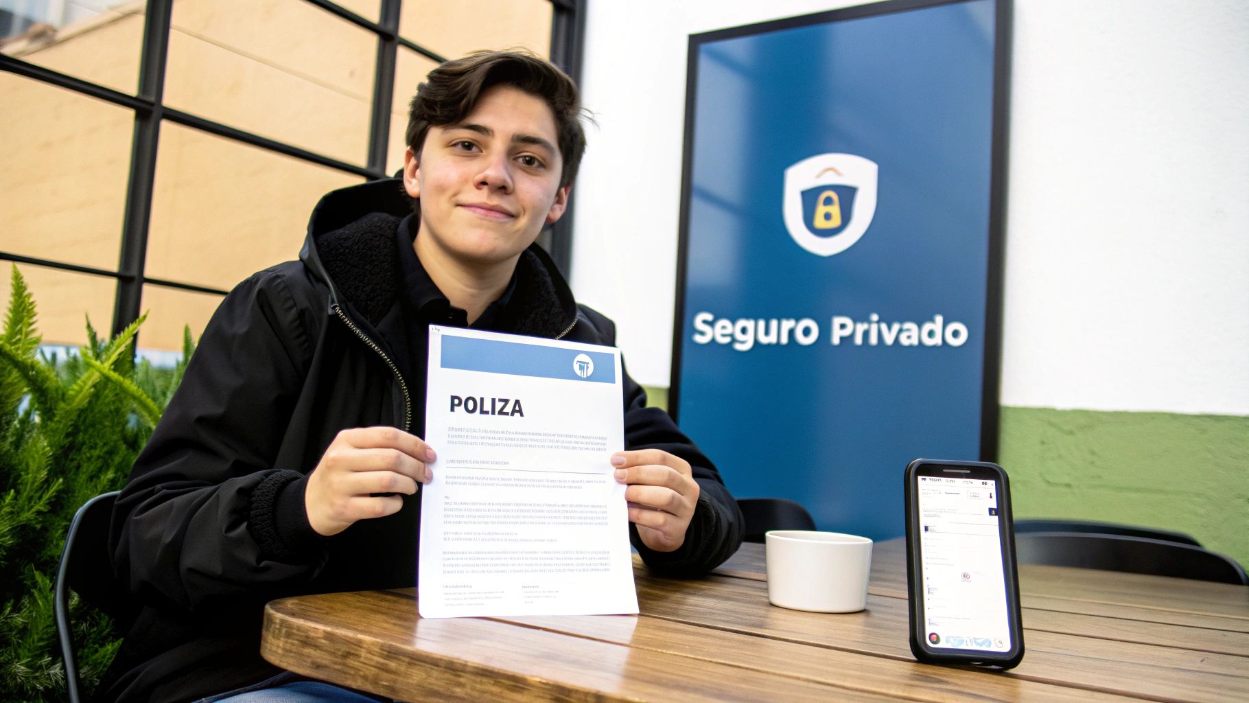 Joven sonriente mostrando una póliza de seguro, con un cartel de Seguro Privado y un teléfono en una mesa.